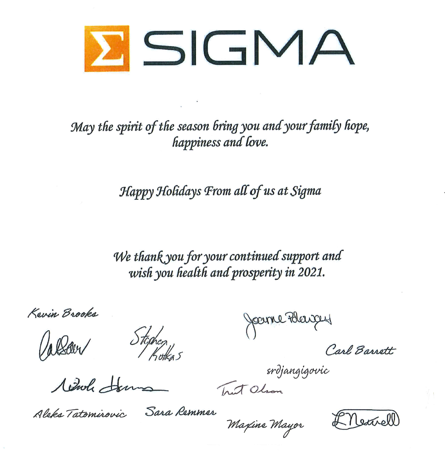 Happy Holidays from the Staff at Sigma